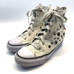 Skechers High Top Canvas Shoes Womens 5 White Metal Eyelet Lace Up Side Zipper